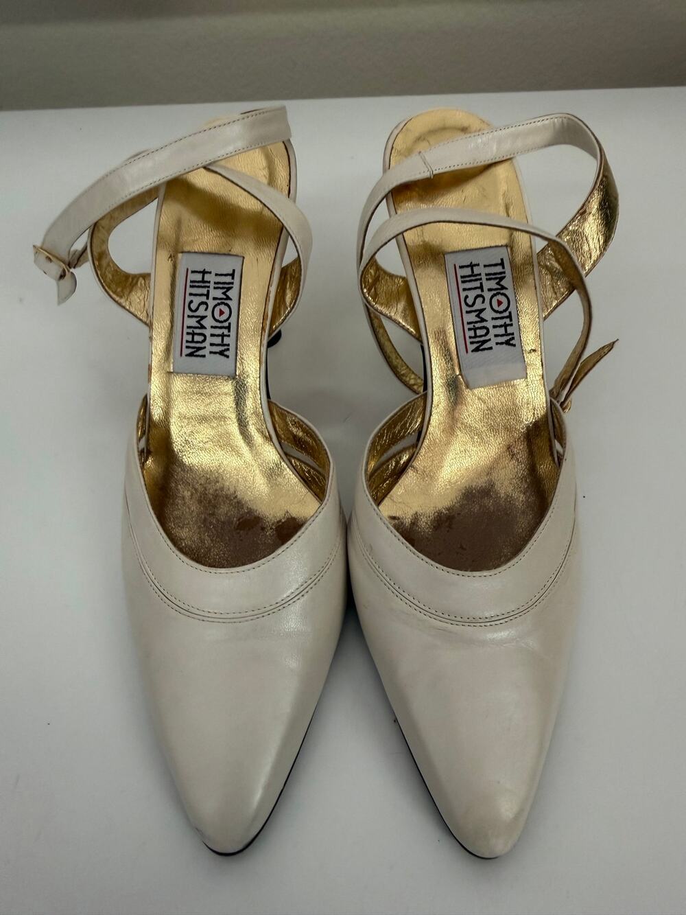 VTG Y2K Timothy Hitsman White Gold Ball Heels Ankle Strap Pumps US 8.5M